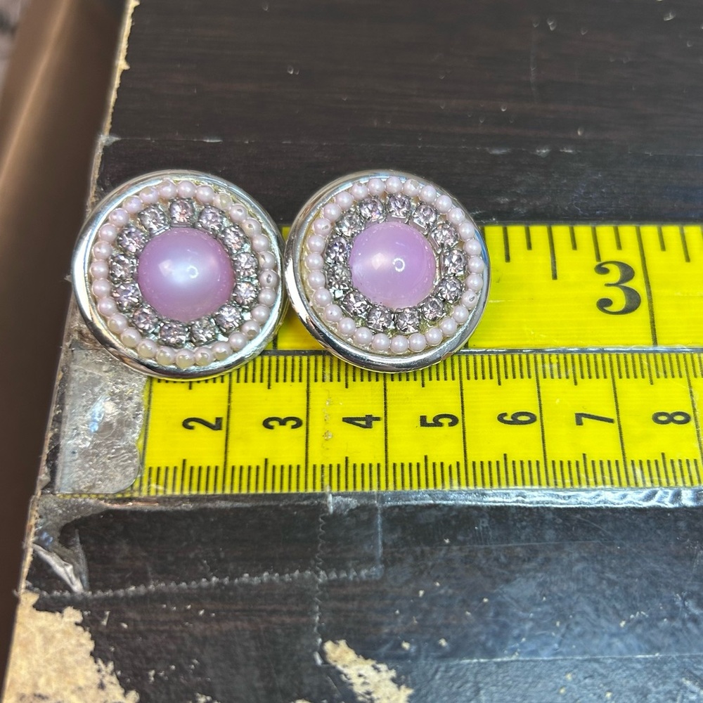 Costume jewelry Round clips on‎ earrings pink white pearls with rhinestones - Picture 10 of 10